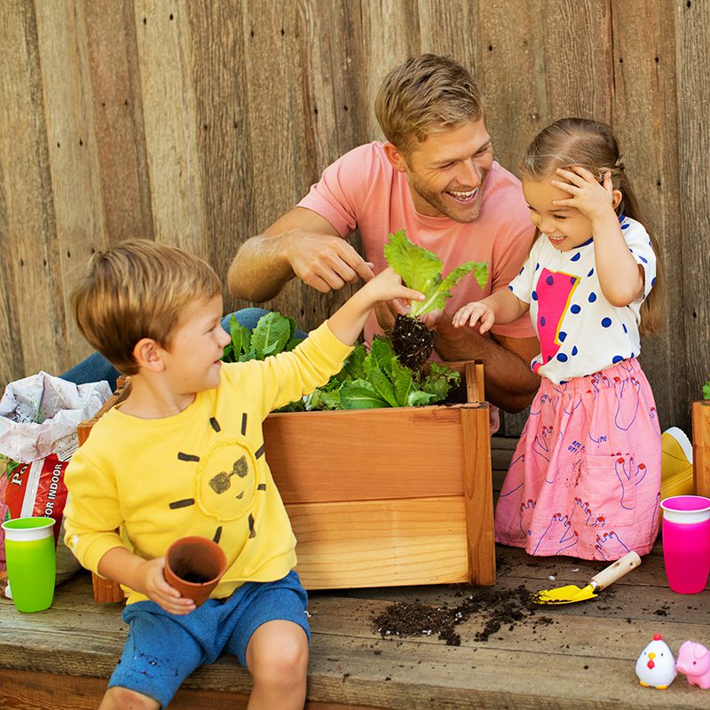 Adult and two toddlers gardening together with plants in a wooden raised bed, bright cups and toys nearby on wooden deck.