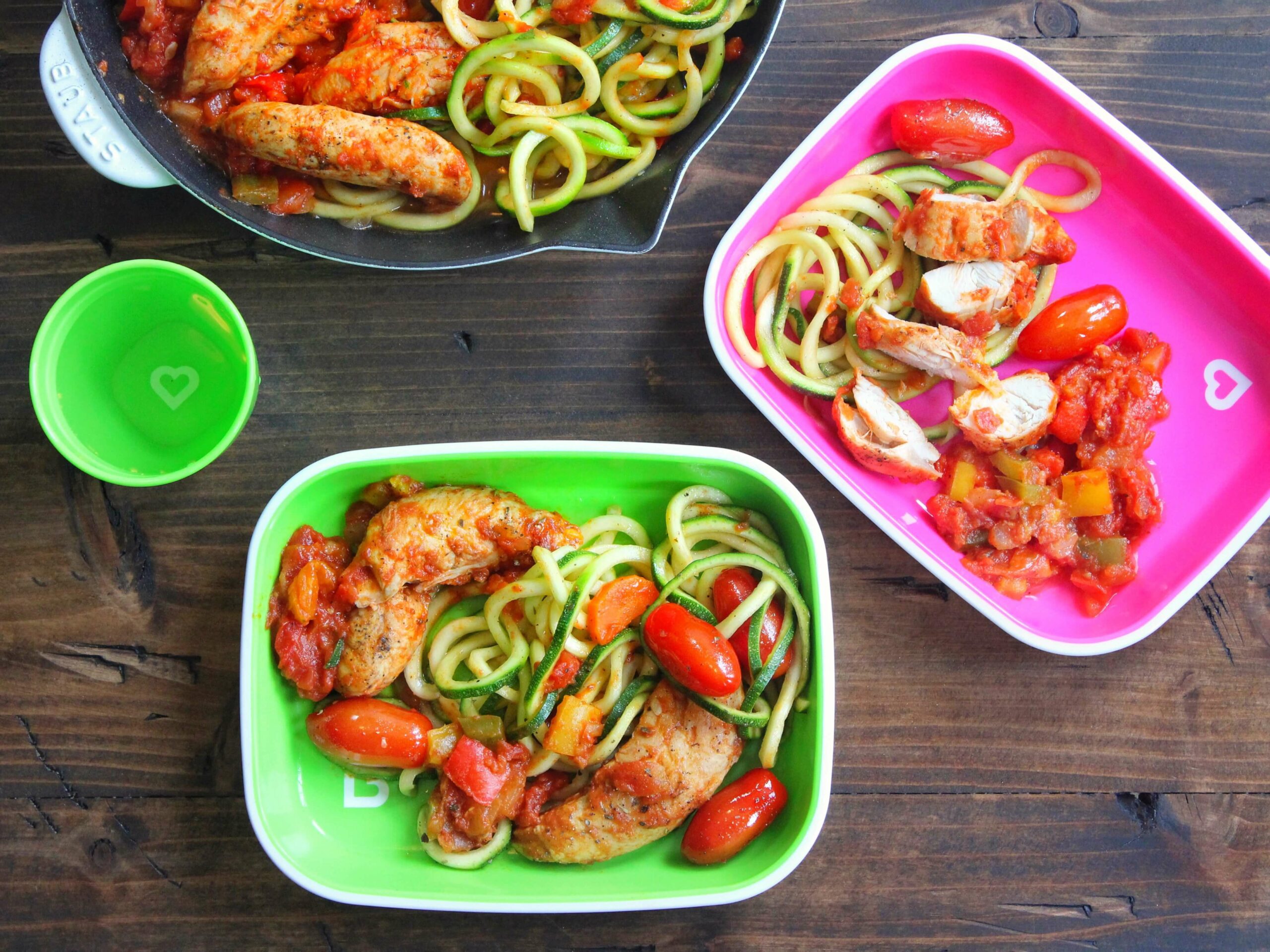 Munchkin plates and bowls filled with sausage, zucchini noodles, and red peppers; green plate with heart design, pink plate with heart design, and green bowl with heart design displayed on wooden surface.