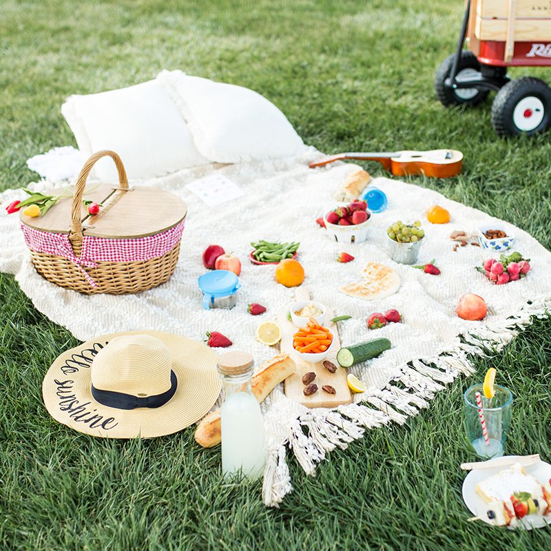Outdoor picnic setup on grass with white blanket, wicker basket with pink gingham lining, straw hat, fresh fruits and vegetables, bread, nuts, blue plate, and a toy wagon in the background.