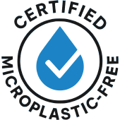 Certified Microplastics-Free logo with blue checkmark and water droplet