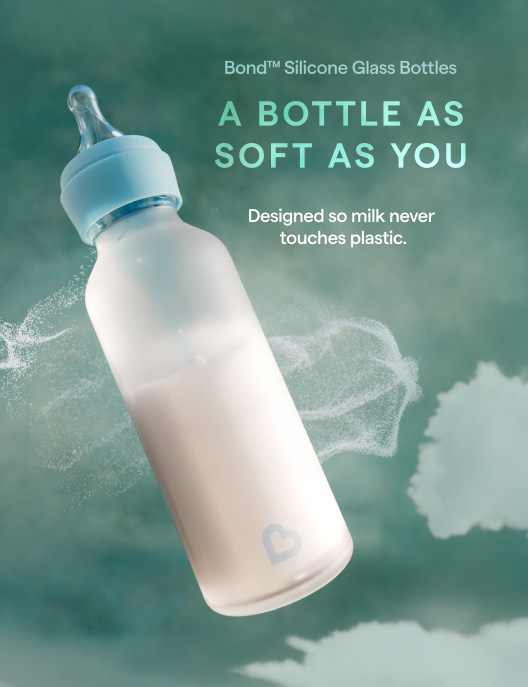 Bond Silicone Glass Bottles promotional graphic with frosted bottle on teal background and text "A Bottle as Soft as You" and "Designed so milk never touches plastic"
