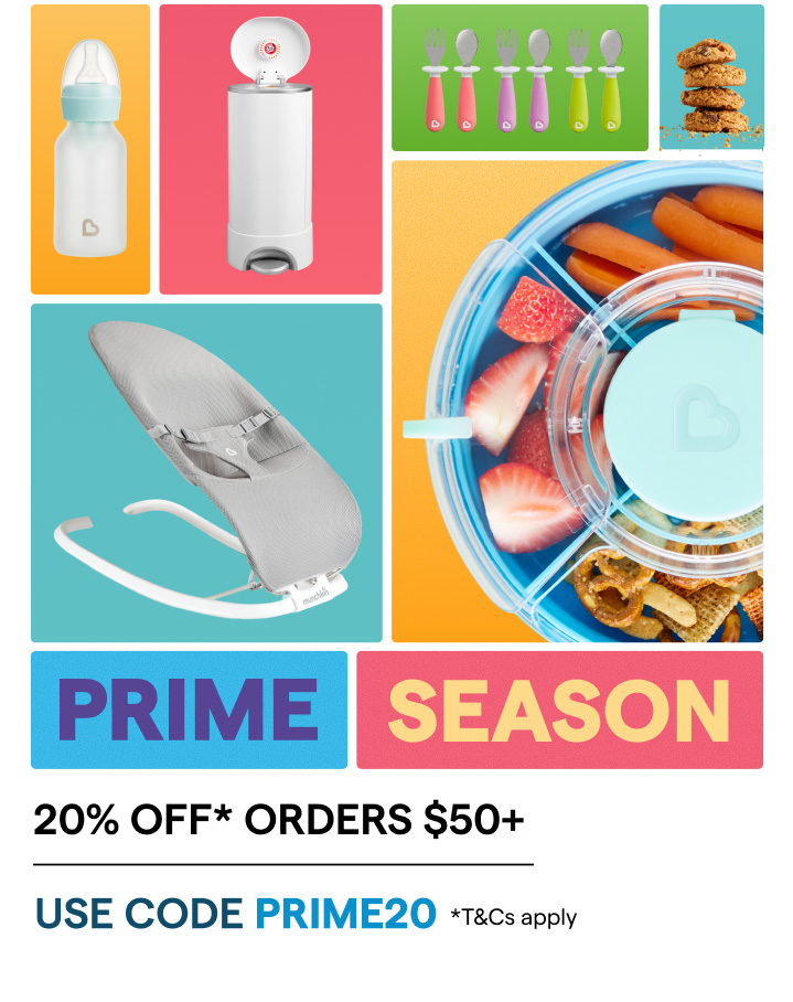 Munchkin baby products promotion featuring bottle warmer, bottle sterilizer, colorful spoons, infant rocker, and food container with fresh produce and snacks. Prime Season sale offering 20% off orders $50 and up with code PRIME20.