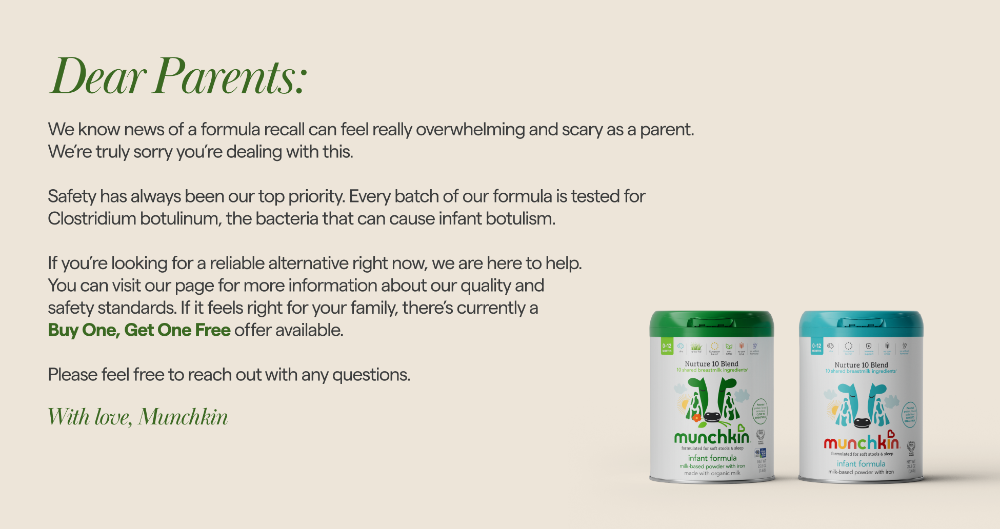 Munchkin promotional graphic with "Dear Parents" message about formula safety and quality standards, featuring two Munchkin Nurture 10 Blend infant formula containers with green and blue labels, and a "Buy One, Get One Free" offer announcement.