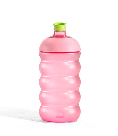 Pink Munchkin water bottle with green cap and textured grip bands