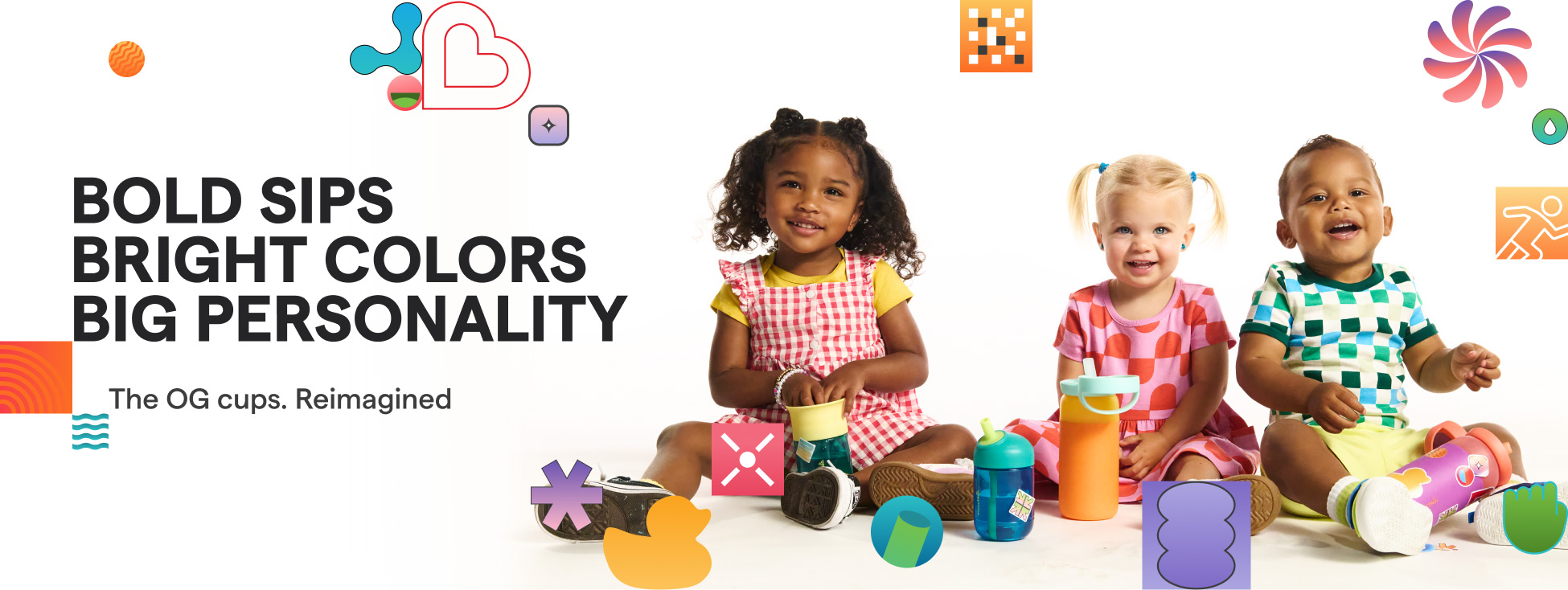 Three toddlers sitting with colorful Munchkin sippy cups; text reads "Bold Sips Bright Colors Big Personality"