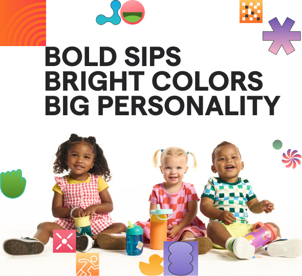 Three toddlers sitting with colorful Munchkin sippy cups, with text reading "Bold Sips Bright Colors Big Personality" and decorative icons above.