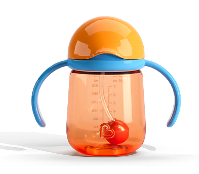 Munchkin sippy cup with orange dome lid, blue handles, and orange liquid inside, shown against a white background.