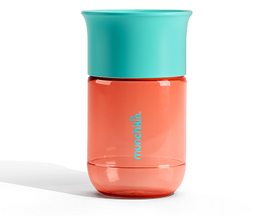 Munchkin straw cup with turquoise lid and coral-red base