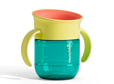 Munchkin 360 sippy cup with yellow top, teal base, green handles, and red interior rim