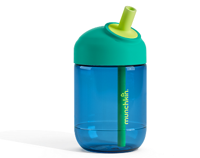 Munchkin straw cup with teal top and blue body, featuring a green straw.