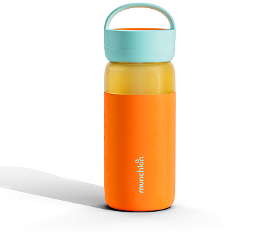 Munchkin stainless steel bottle with turquoise lid, yellow middle band, and orange base.
