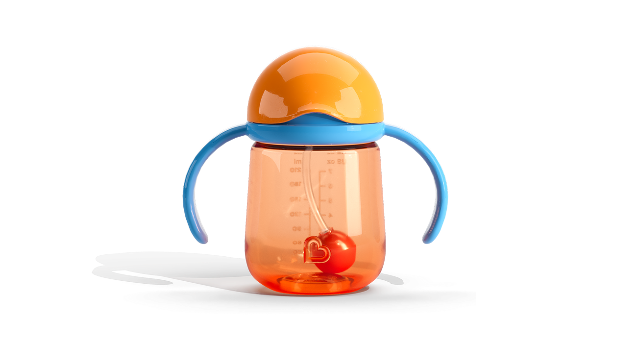 Munchkin sippy cup with orange dome top, blue handles, and translucent red-orange body with measurement markings