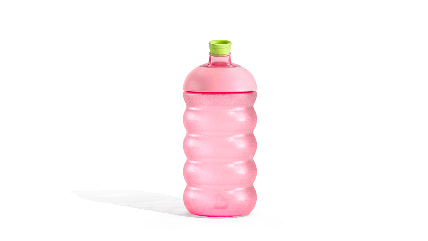 Pink water bottle with green cap and textured grip design for toddlers.