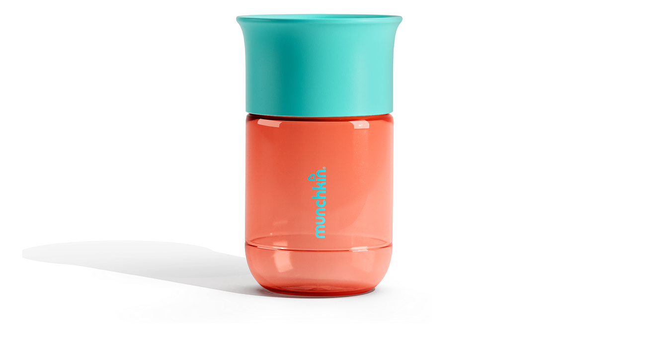 Munchkin coral and turquoise two-piece snack container with turquoise lid and coral body.
