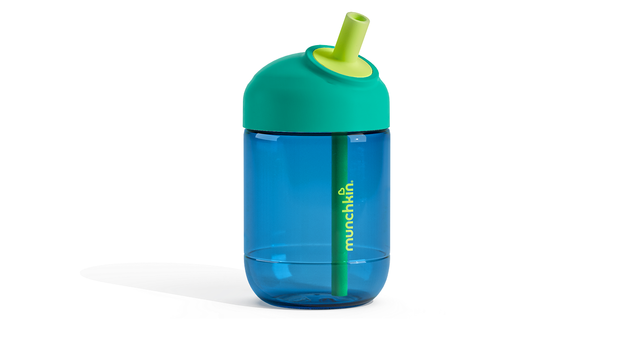 Munchkin sippy cup with blue plastic body, teal cap, and green straw.
