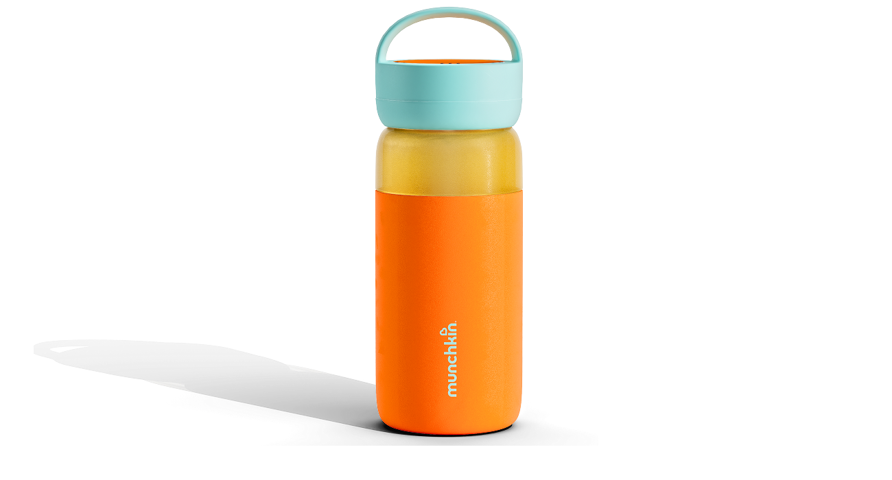 Munchkin straw cup with turquoise handle, yellow and orange color-blocked body, and white logo text.