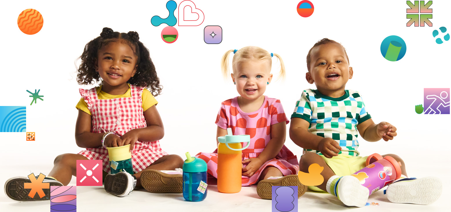 Three toddlers playing with colorful Munchkin cups and bottles in a bright, playful setting surrounded by vibrant product graphics and icons.