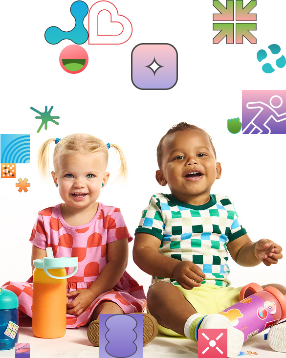 Two toddlers playing with colorful Munchkin cups and bottles in a bright, playful setting surrounded by vibrant product graphics and icons.