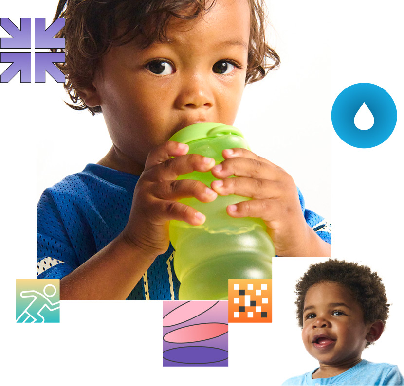 Toddler drinking from a green Munchkin cup with both hands, surrounded by colorful brand graphics and a water droplet icon.