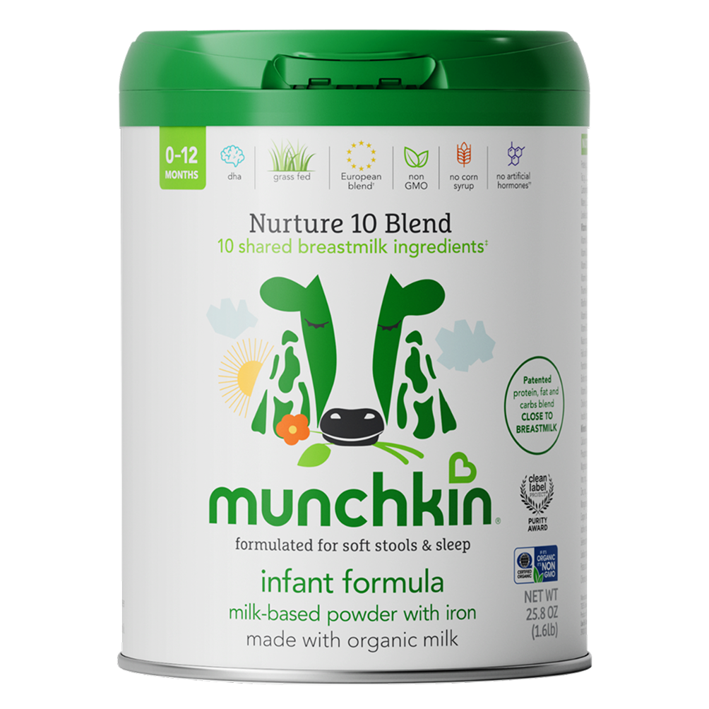 Munchkin Organic 10 Blend infant formula for 0-12 months in a green and white powder can, featuring icons for DHA, grass-fed, European blend, non-GMO, and no corn syrup.