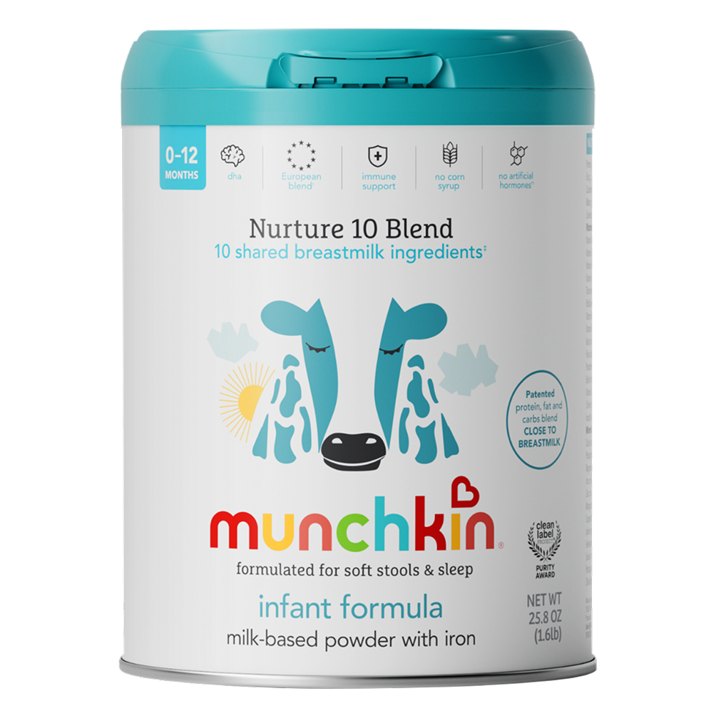 Munchkin Original 10 Blend infant formula, 0-12 months, milk-based powder with iron, formulated for soft stools and sleep, 25.8 oz container with turquoise lid.