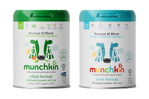 Two Munchkin Nurture 10 Blend infant formula cans, one green and one blue, displayed side by side with product labels and ingredient information visible.