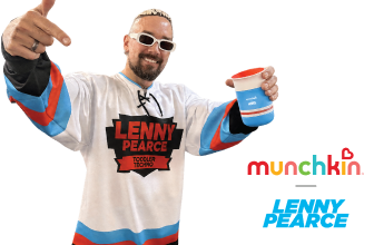 Man wearing Lenny Pearce branded hoodie with sunglasses pointing at camera, alongside Munchkin and Lenny Pearce logos