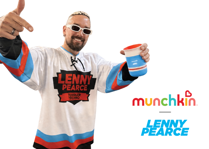Lenny Pearce wearing a white hockey-style jersey with Lenny Pearce Toddler Techno branding, holding a Munchkin cup with blue and red accents, alongside Munchkin and Lenny Pearce logos.