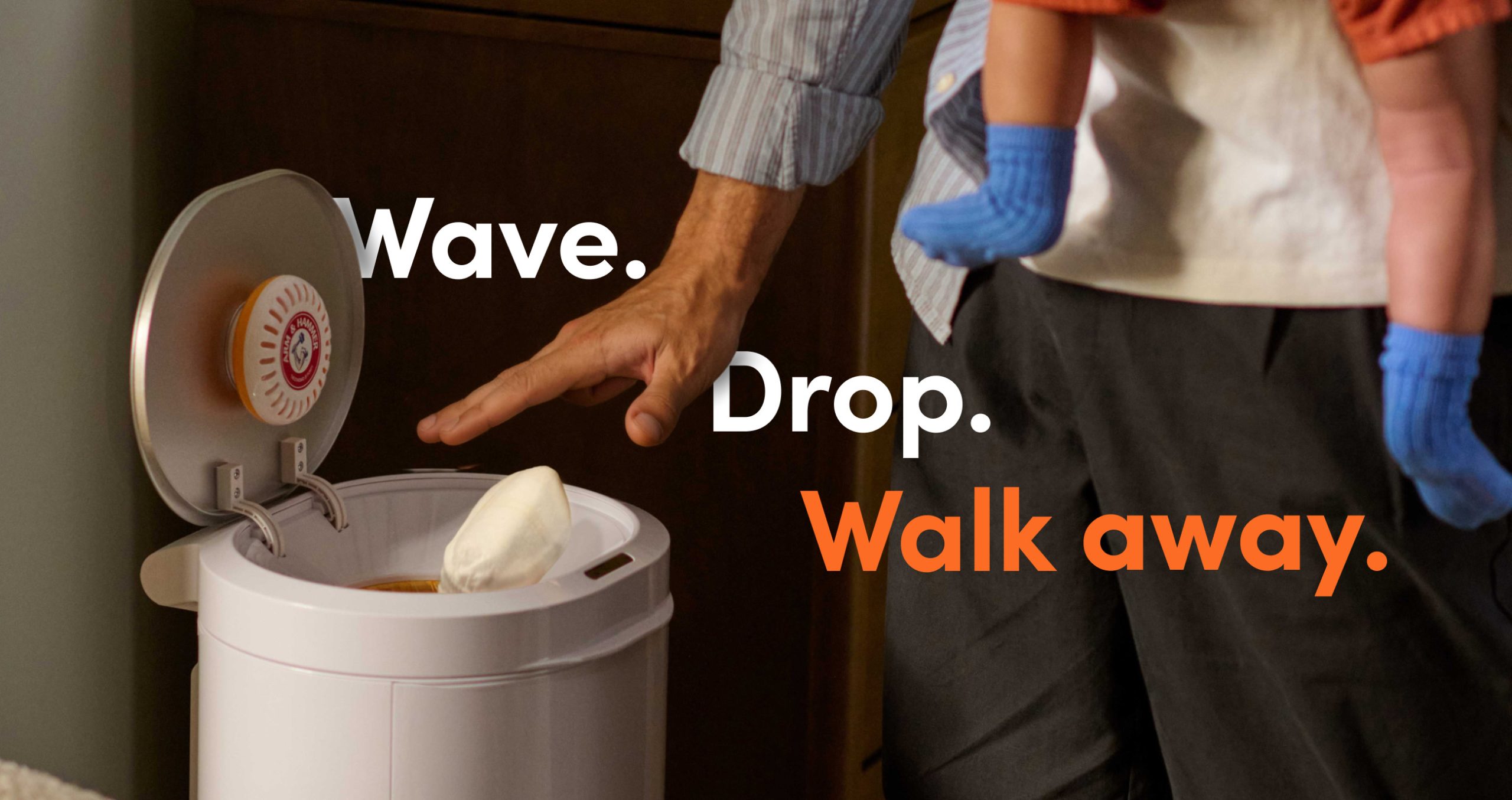 Adult using Munchkin diaper pail with text "Wave. Drop. Walk away."