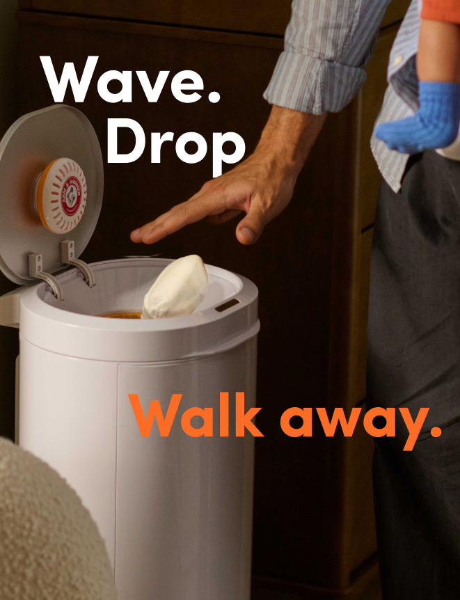 Promotional graphic for Munchkin diaper pail showing a hand waving over an open white bucket with text "Wave. Drop. Walk away."
