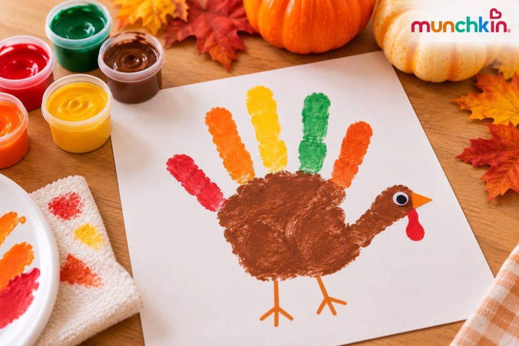 Munchkin Thanksgiving handprint turkey craft featuring a brown painted handprint with colourful red, orange, yellow, and green finger-shaped feathers, a googly eye, yellow beak, red wattle, and orange legs, surrounded by washable paint pots, autumn leaves, and pumpkins on a wooden table.