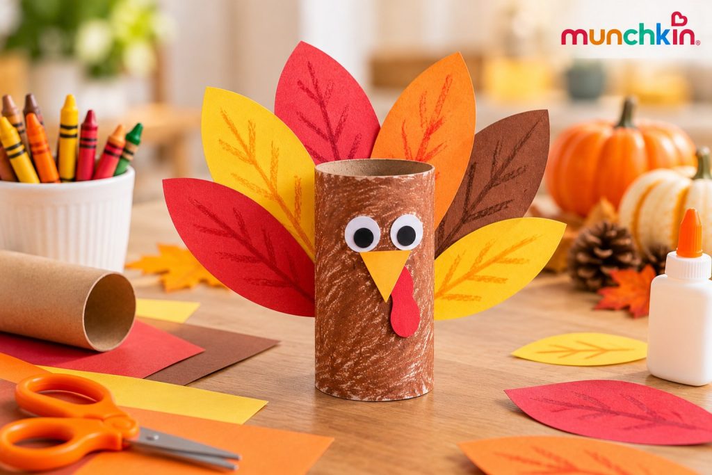 Munchkin Thanksgiving cardboard-tube turkey craft featuring a brown cardboard tube decorated with googly eyes, a yellow paper beak, red wattle, and colourful red, orange, yellow, and brown paper feathers, surrounded by crayons, construction paper, glue, scissors, and autumn decorations.