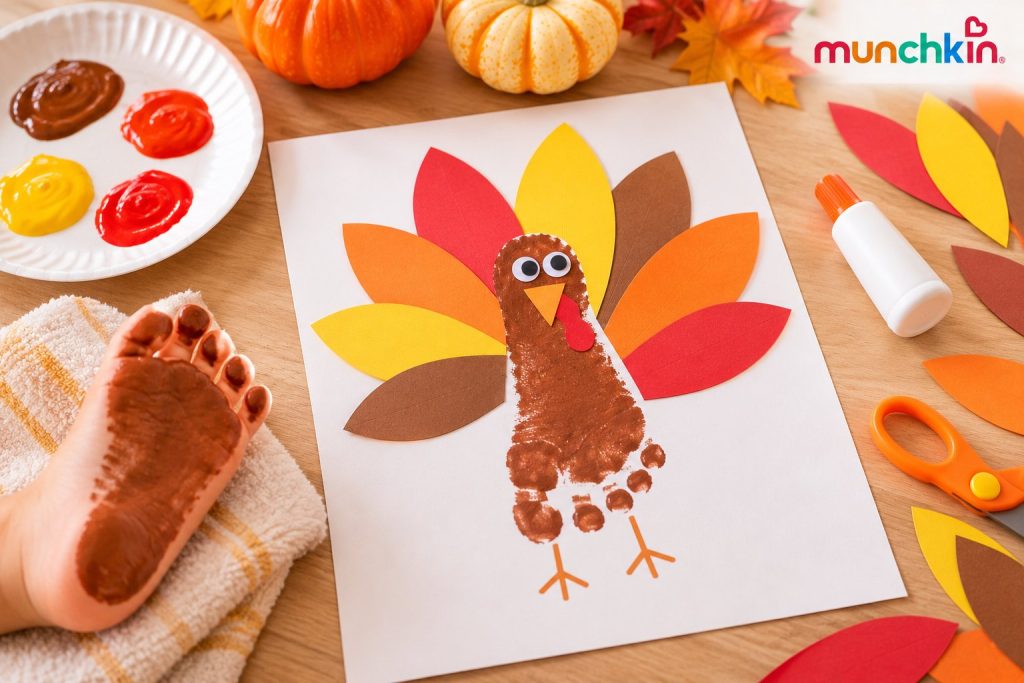 Munchkin Thanksgiving footprint turkey craft featuring a brown painted footprint decorated with googly eyes, a yellow beak, red wattle, and colourful red, orange, yellow, and brown paper feathers, with paint, glue, scissors, and autumn decorations arranged on a wooden table.