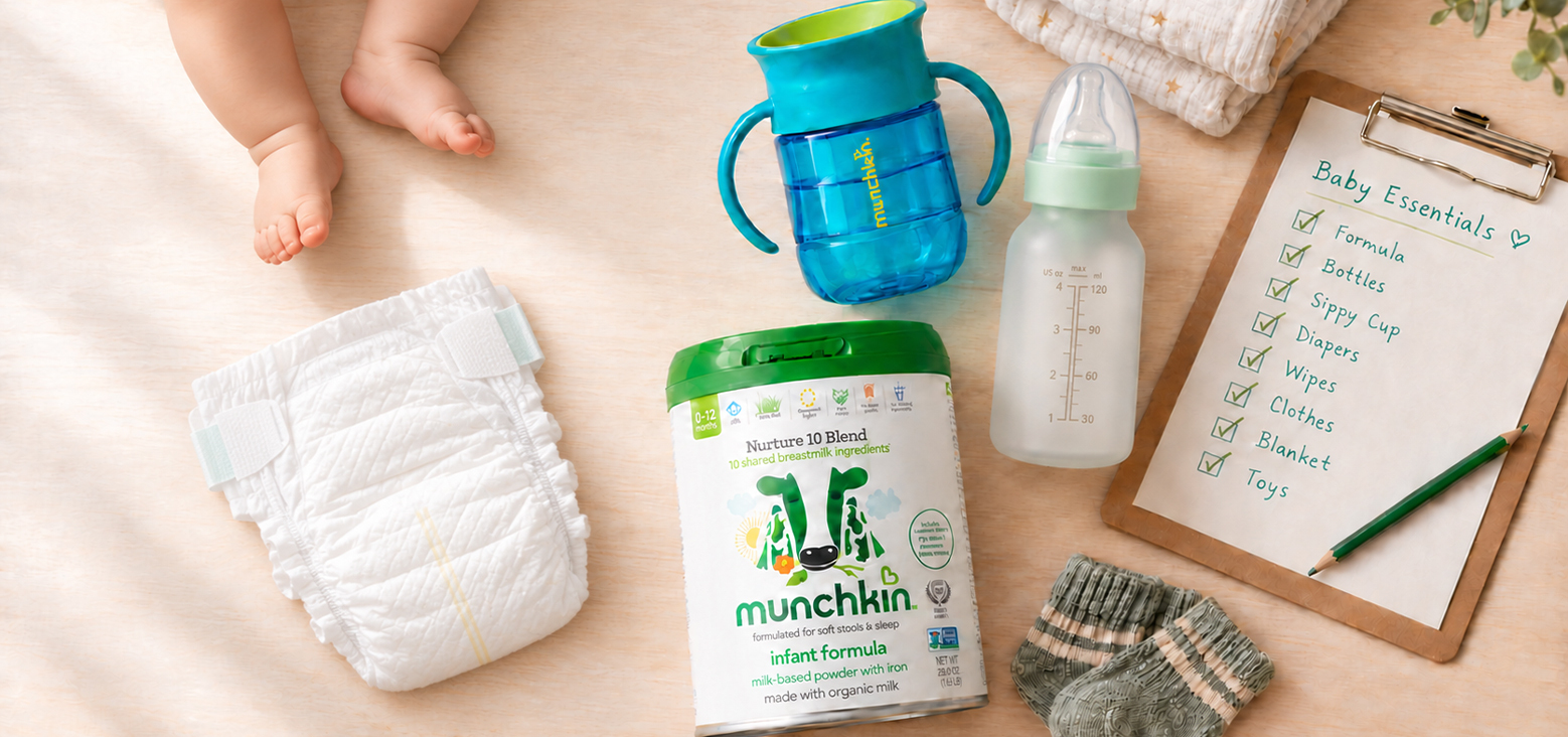 Baby essentials flat lay featuring Munchkin infant formula, blue sippy cup with handles, bottle with green nipple, diapers, folded clothes, checklist on clipboard, and baby feet at top left on wooden surface.