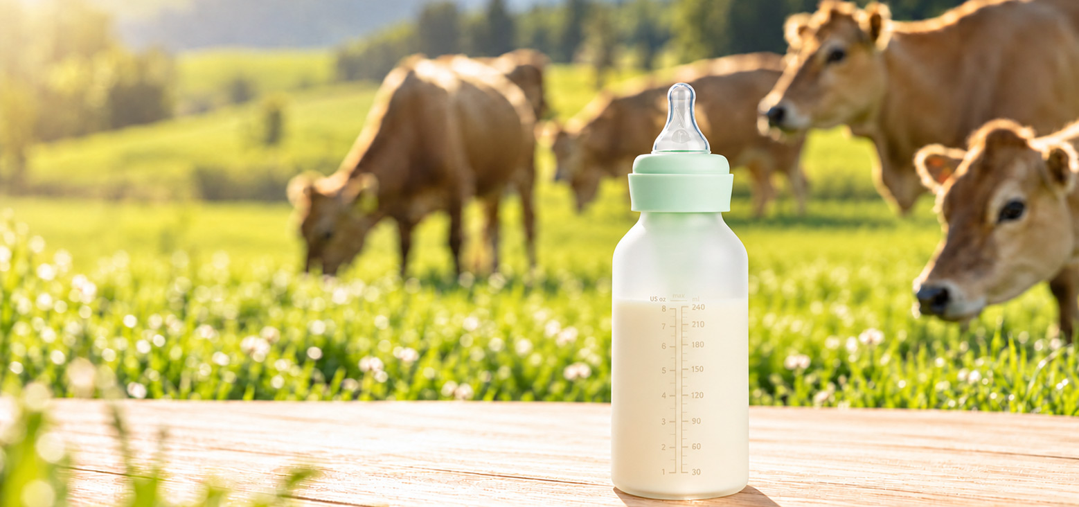 Baby bottle filled with milk on wooden table with grazing cows in a pasture background