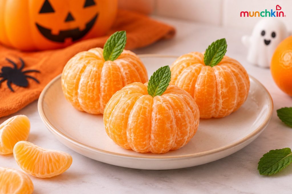 Three peeled clementines styled as mini Halloween pumpkins with fresh mint leaves as stems, arranged on a cream plate with clementine segments and festive Halloween decorations in the background.