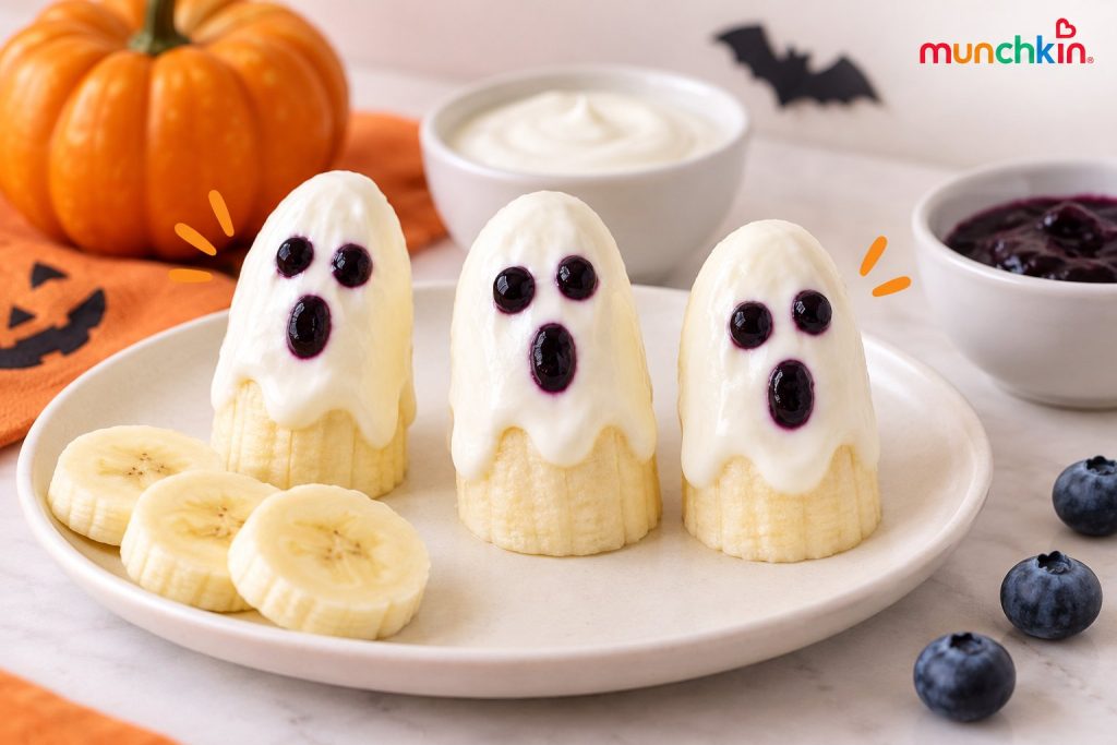 Halloween banana ghosts coated with plain yoghurt and decorated with blueberry purée eyes and mouths, served on a plate with banana slices.
