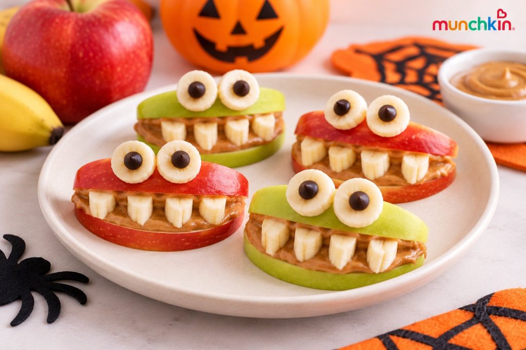 Halloween monster apple smiles made with red and green apple slices, smooth sunflower-seed butter, and soft banana pieces as teeth, arranged on a plate with playful Halloween decorations.