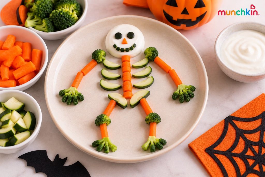 Halloween veggie skeleton made with steamed carrot, broccoli and zucchini pieces arranged on a plate, with a small bowl of plain yoghurt dip as the skull and festive pumpkin and bat decorations.