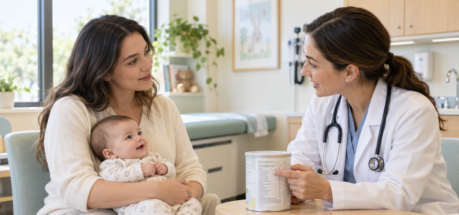Mother holding infant meeting with pediatrician in medical office, doctor showing baby formula container during consultation.