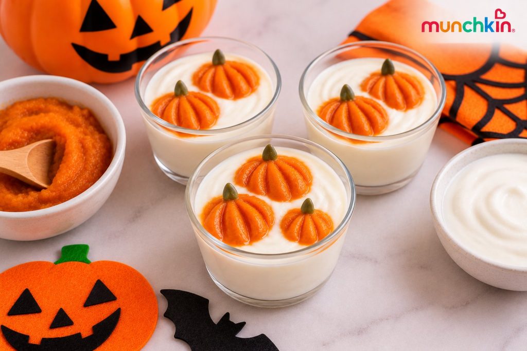 Sweet-potato pumpkins made from smooth mashed sweet potato, shaped with pumpkin grooves and topped with plain yoghurt, arranged on a cream plate with festive Halloween decorations.