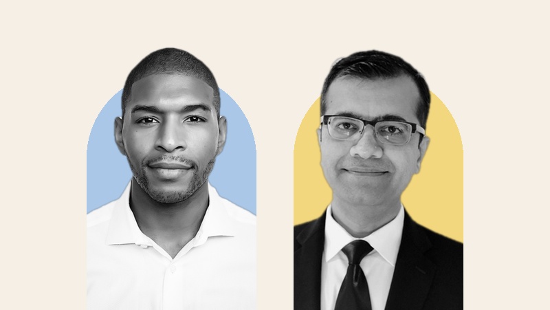 Two professional headshots side by side: man on left wearing white shirt with blue background, man on right wearing glasses and dark suit with yellow background.